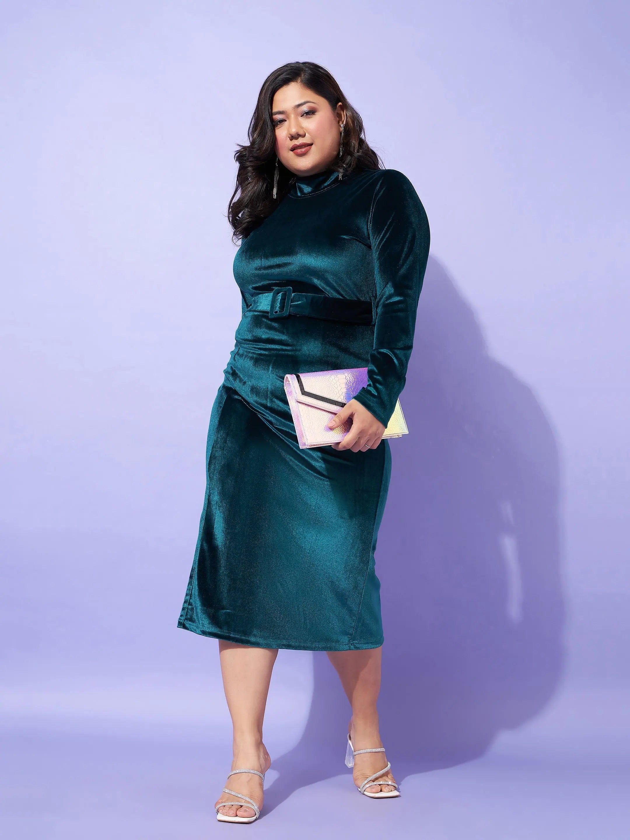 Velvet DressWomen Emerald Velvet Front Slit Bodycon Dress