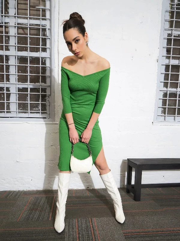 women's off-the-shoulder dressesWomen Green Rib Off-Shoulder Bodycon Dress