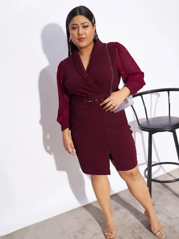 women's casual Friday dressesWomen Maroon Front Belt Bodycon Dress