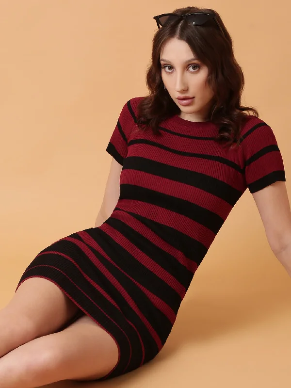 women's short-sleeved dressesWomen Maroon Striped Bodycon Dress-TG-1260-Maroon