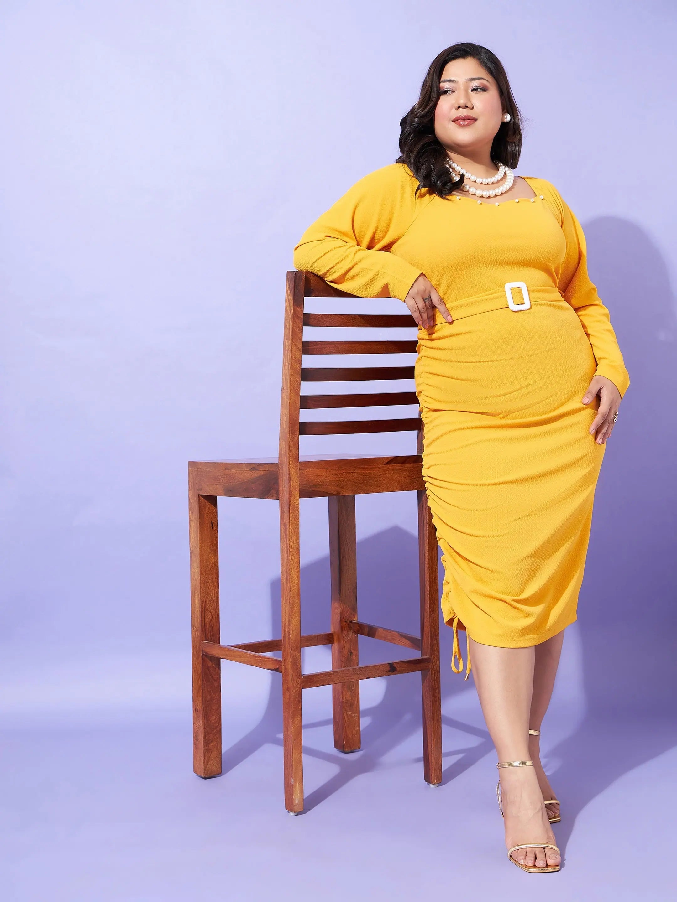 A-Line DressWomen Mustard Solid Square Neck Bodycon Dress