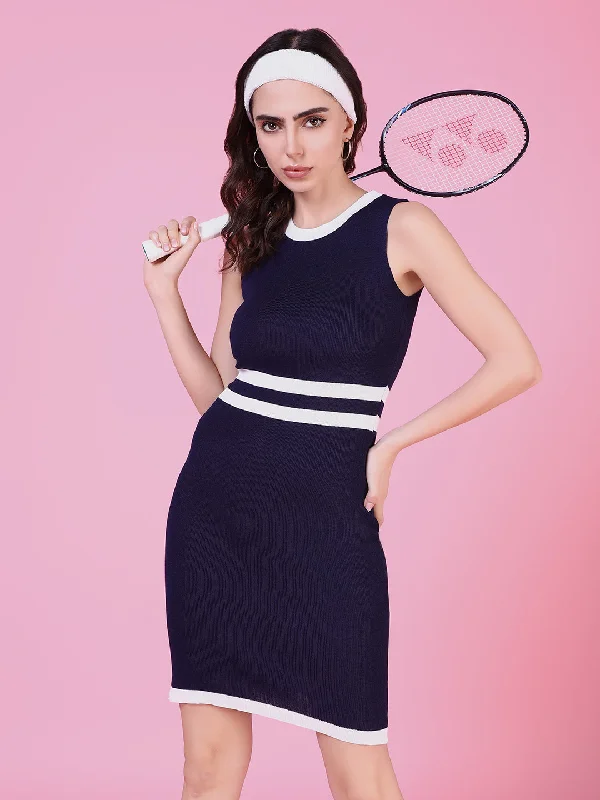 women's high-low dressesWomen Navy Blue Striped Bodycon Dress-TG-830-Navyblue