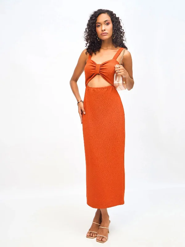 Cold-Shoulder DressWomen Rust Waist Cut Out Bodycon Dress