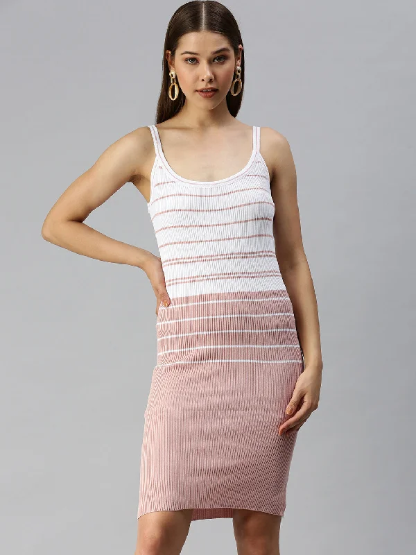 women's smart casual dressesWomen Shoulder Straps Striped Bodycon Peach Dress-TG-2026-Peachwhite