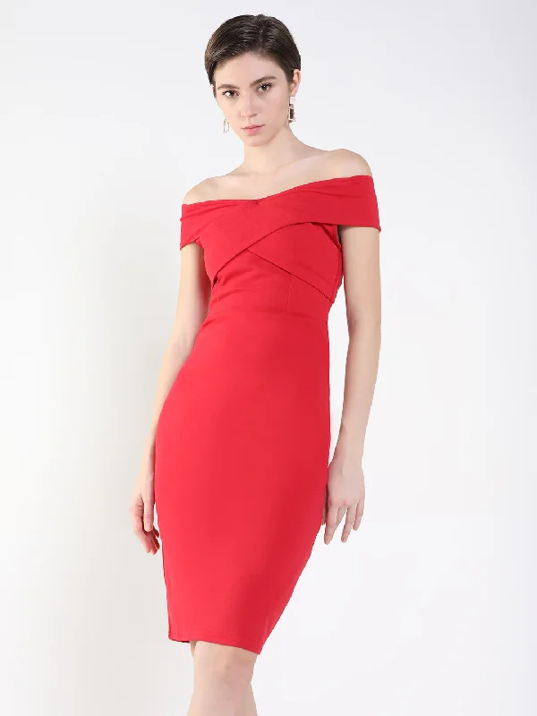 women's one-shoulder dressesWomen Solid Red Bodycon Dress-AE-001-Red