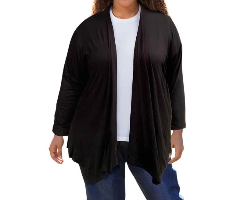 Knitted Crewneck SweatersLong Sleeve Draped Cardigan - Plus In Black