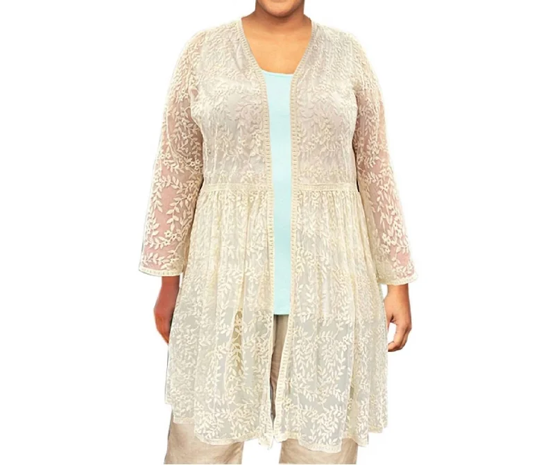 Wholesale SweatersLong Sleeve Mesh Lace Betty Duster - Plus In Beige Floral