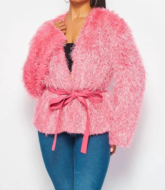 High-Quality Wool SweatersNoemi Pink Shaggy Cropped Cardigan