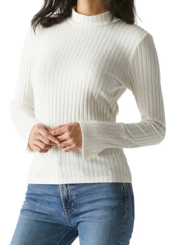 Retro Stylish Flannel SweatersOpal Button Cuff Long Sleeve Ribbed Turtleneck Top In Chalk