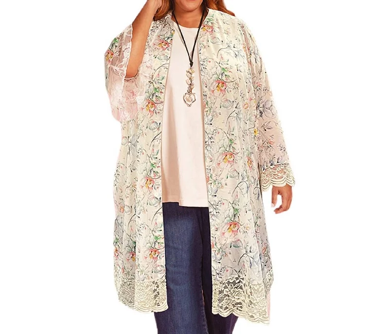 Men's SweatersPrinted Long Sleeve Lace Chiffon Duster - Plus In Ivory Floral