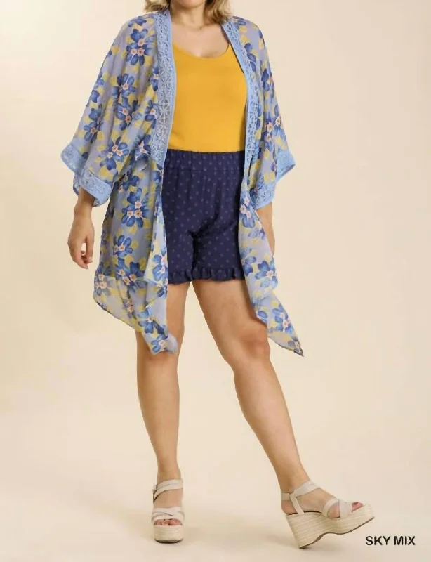 Casual SweatersSheer Floral Print Open Front Kimono With Crochet Detail Plus In Sky Mix