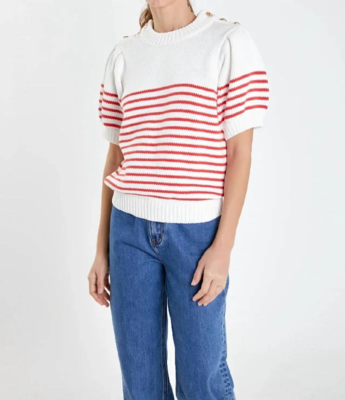 Fitted SweatersStripe Puff Sleeve Sweater In Red Stripe