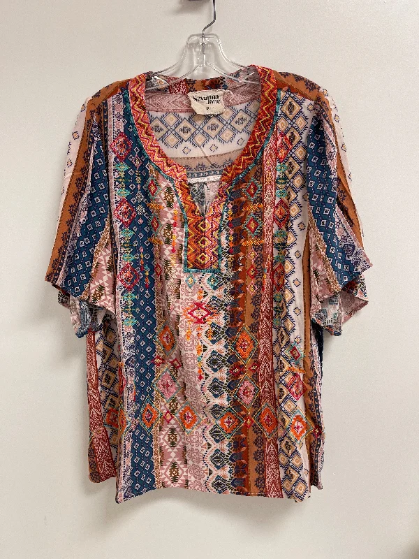 women's tops with geometric patternsTop Short Sleeve By Savanna Jane In Multi-colored, Size: 1x