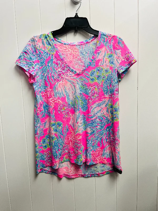 women's tops with cinched waistsTop Short Sleeve Designer By Lilly Pulitzer In Blue & Pink, Size: Xs