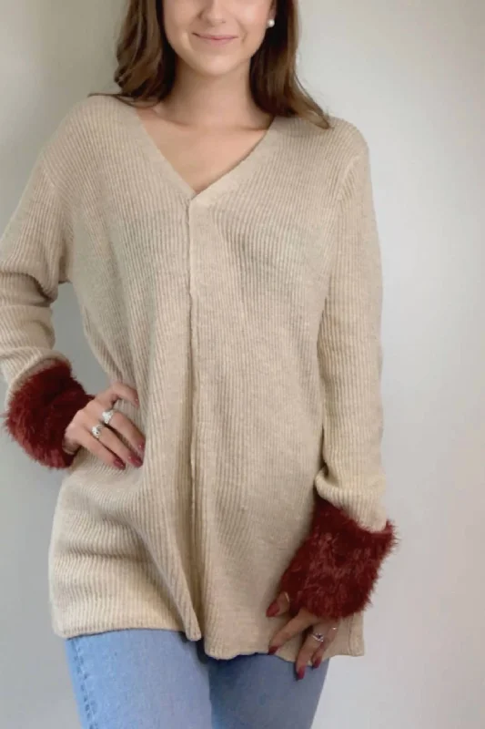 Baby SweatersV Neck Sweater With Fur Accent Cuffs In Camel And Rust